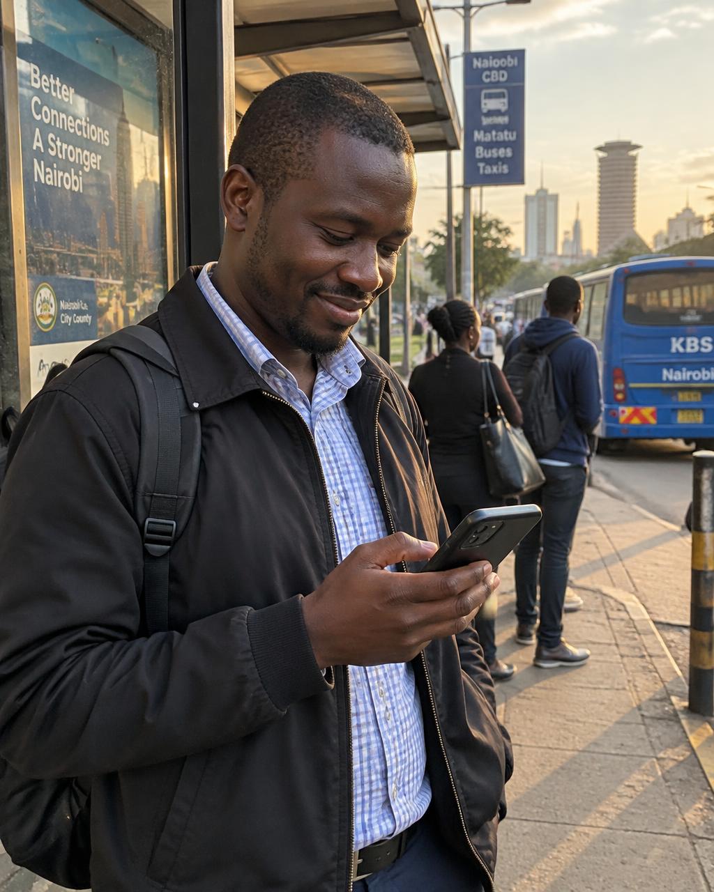 A man smiling at his phone at a city bus stop