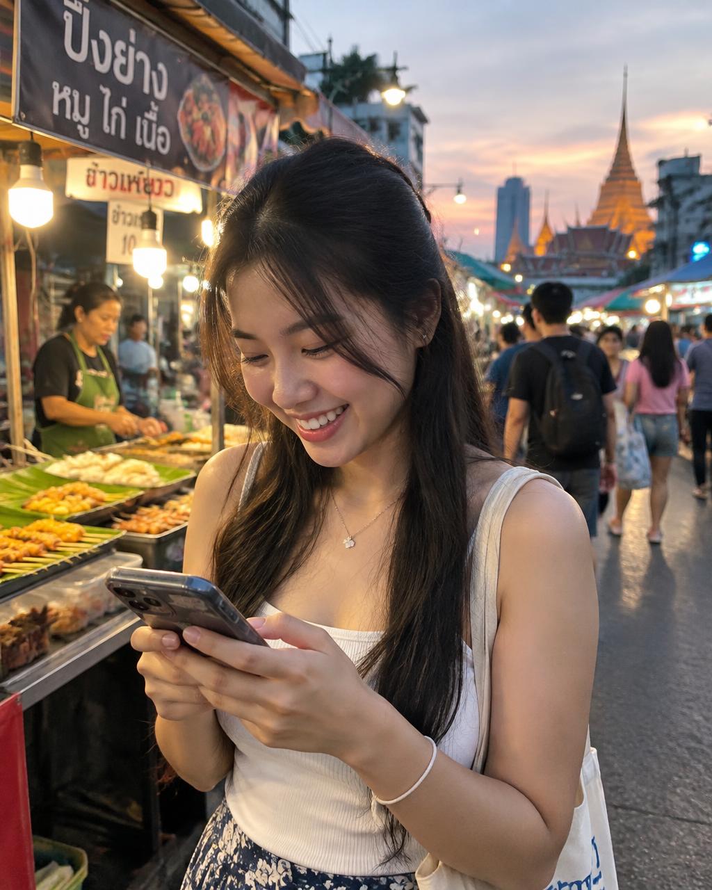 A woman smiling at her phone at an evening street market