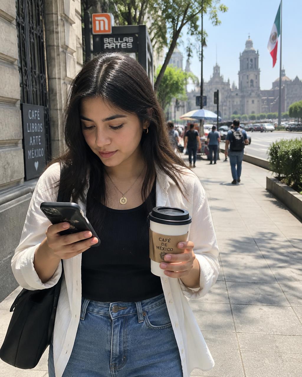 A woman checking her phone on a city street with a coffee in hand